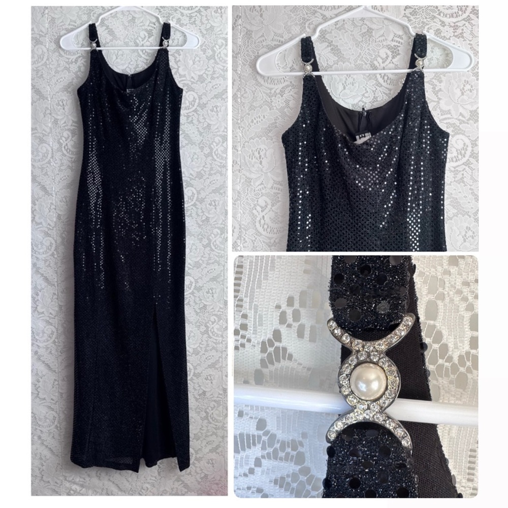 Vintage Y2K Frenze Black Glitter Mesh Evening Dress Rhinestone Size S New Years